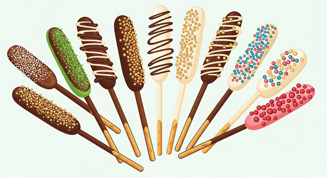 Collection of diverse chocolate coated biscuit sticks with assorted toppings and flavors, premium snack confectionery vector illustration set isolated on a plain white background.