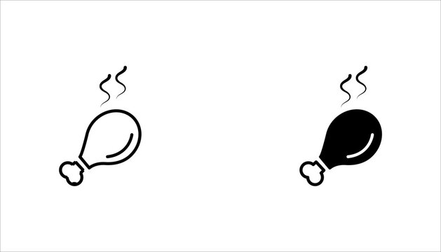 Black glyph icon set. of a roasted chicken drumstick representing cooked meat, food, barbecue, dinner, protein meal, and cuisine.