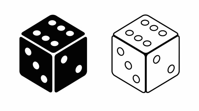 Black and white dice icons with isometric perspective for gaming