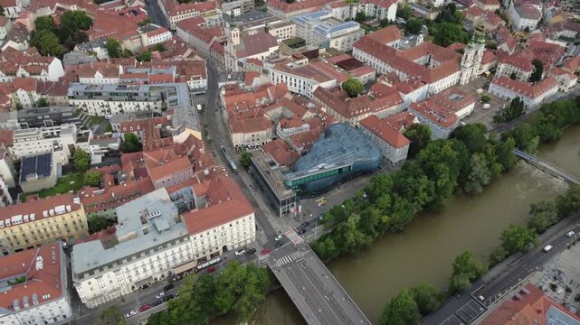 Aerial view of Kunsthaus Graz and old town by the Mur, Austria