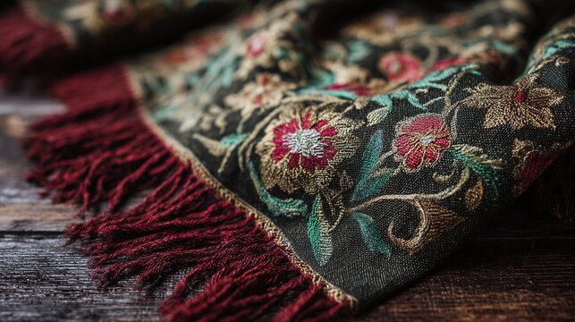 pashmina. Intricately woven pashmina shawl with floral embroidery on dark wood. tutorial guides, club newsletters, designed for tourism and weekend activity guides, used by management consultants.