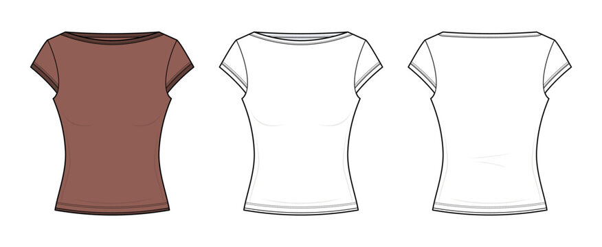 Women's Boat Neck Cap Sleeve Baby Tee Technical Fashion Flat Sketch CAD Vector Template. Front and Back View Blank T-Shirt Mockup Design.