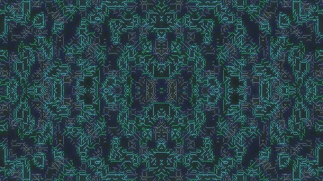 Intricate digital abstract glitch pattern with symmetrical teal neural network lines on dark background texture