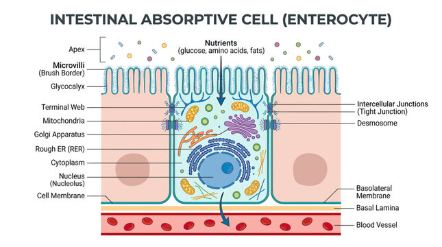 Intestinal Absorptive Cell (Enterocyte) Structure and Nutrient Absorption - Medical Illustration