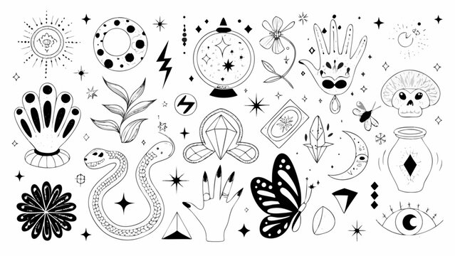 Mystical Objects And Symbols Line Art Collection On White Background amulet arcane astrology black botanical