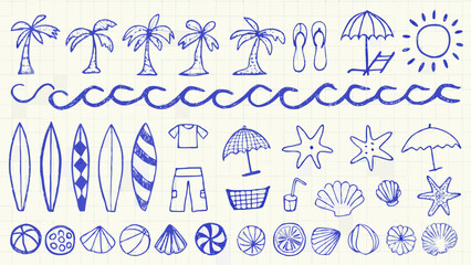 Beach Doodles Collection Hand Drawn Blue Sketch Illustration On Grid Paper Background beachcombing beachwear coastal © Chapala