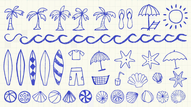 Beach Doodles Collection Hand Drawn Blue Sketch Illustration On Grid Paper Background beachcombing beachwear coastal