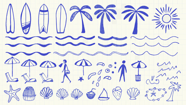 Beach Doodles Collection Blue Hand Drawn Sketches On Graph Paper Background Illustration beachcombing coast ocean