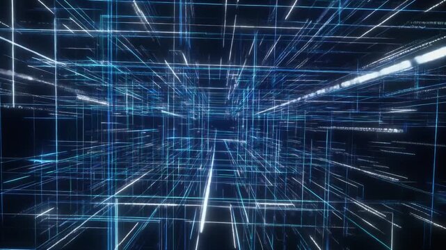 Complex Data Visualization Grid with Glowing Blue Fiber Optic Lines, Digital Network Motion Graphics Background Full HD