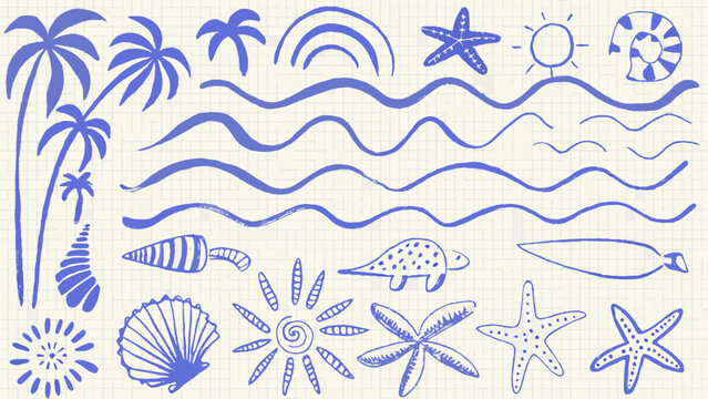 Nautical Doodles And Beach Elements A Blue Vector Illustration On Grid Paper beachcombing coastal marine