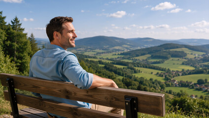 Fototapeta premium Smiling man sitting on a wooden bench looking at a scenic mountain landscape. Happy male traveler enjoying the panoramic valley view during a sunny day. Outdoor recreation and travel concept