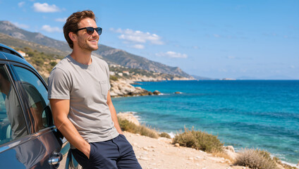 Fototapeta premium Smiling young man leaning on a car during a coastal road trip. Happy male traveler with sunglasses enjoying summer vacation by the blue ocean