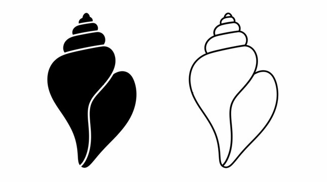 Simple black and white seashell icons, spiral conch shell graphic