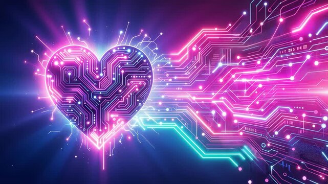 Digital heart shape made of circuit board patterns with glowing data streams 4k video