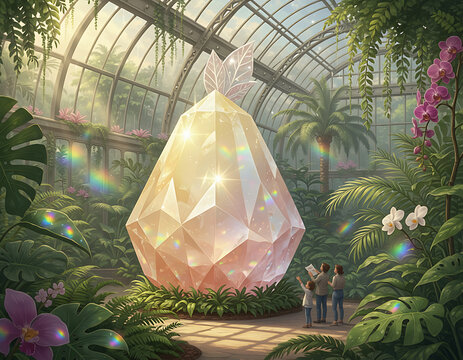 Giant Glowing Crystal in Tropical Botanical Greenhouse, Fantasy Nature Illustration 