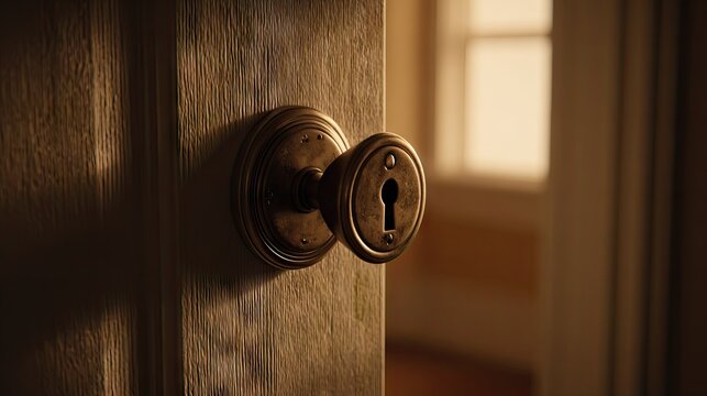 Vintage brass doorknob on rustic wooden door.