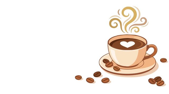 Intl. Coffee Day illustration of a steaming cup on saucer with coffee beans around