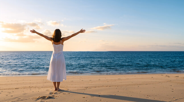 Woman in white dress with arms outstretched on a sandy beach at sunset. Back view of female standing by the ocean during golden hour. Freedom and wellness concept