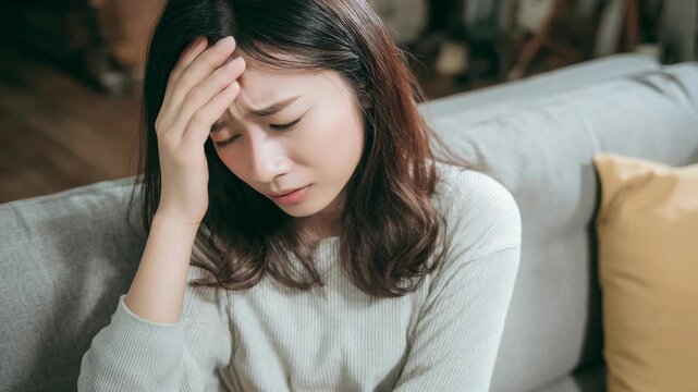 A young woman with an agonized facial expression, resting her head on her hand while sitting on a sofa. She appears to be in pain or deep emotional distress.