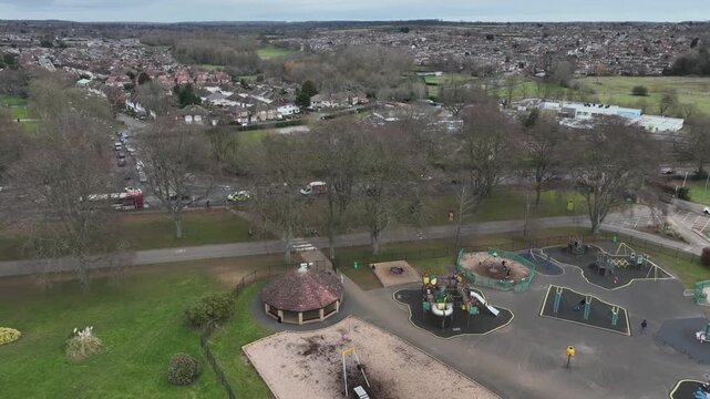 Aerial Drone View of Playground Area at Wicksteed Park with Suburban Backdrop Kettering England