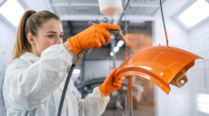 Naklejka premium Female painter in protective suit spraying orange paint on car part. Close up of professional technician working in spray booth. Automotive refinishing concept