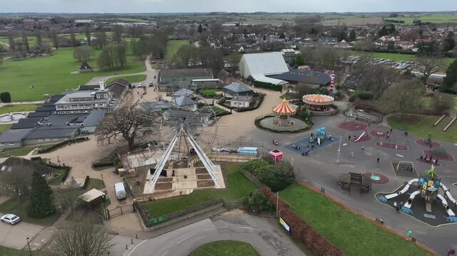 Aerial Panoramic View of Amusement Rides and Pyramid Swing at Wicksteed Park Kettering UK