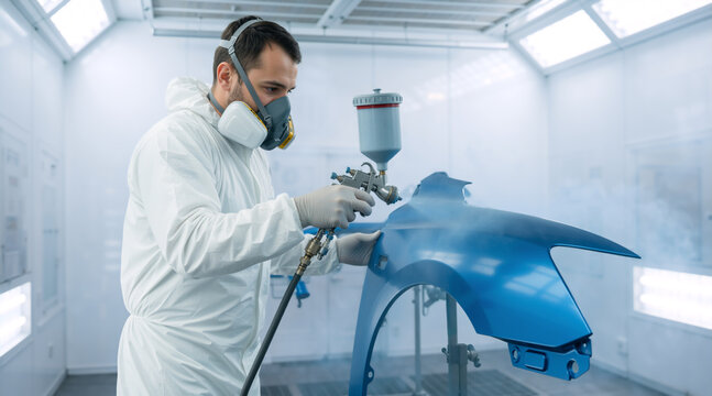 Professional painter in white protective suit spraying blue paint on car fender. Automotive body shop repair and refinishing process