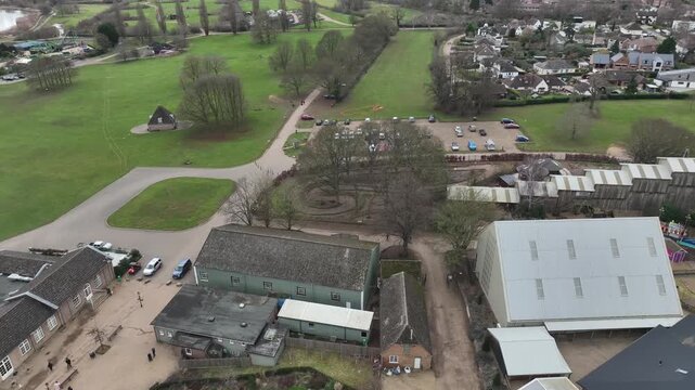 Aerial Drone View of Park Buildings and Greenhouses at Wicksteed Amusement Park Kettering England