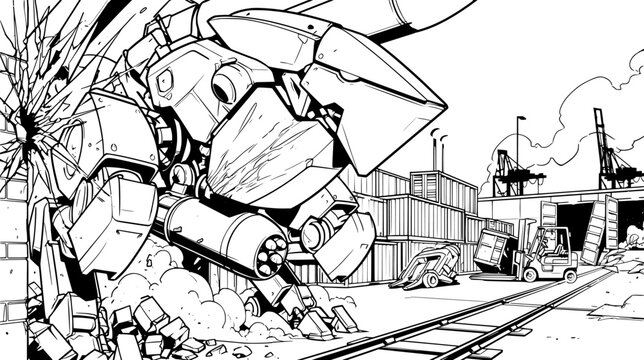 Giant armed military combat robot mech destroying city infrastructure with weapon fire