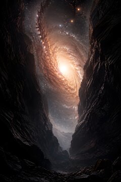 Deep dark canyon on a dead planet reveals the brilliant galactic core glowing brightly above
