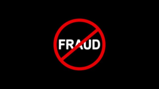 Red prohibition sign with the word FRAUD in white neon letters on a black background fraud no fraud