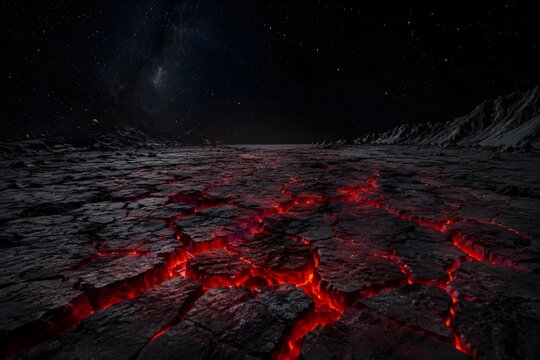 Cracked Surface Of Tidally Locked Moon Glowing Faintly With Volcanic Geothermal Heat Astronomy Landscape Concept