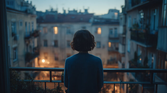 Rear view of a lonely person looking over an unfamiliar city at dusk, expressing migration, homesickness, emotional isolation, adaptation, identity, resilience and mental health