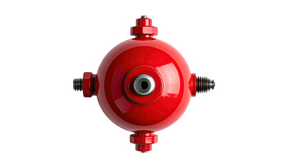Fototapeta premium Red sphere with metallic valves, four symmetrical pipes against black