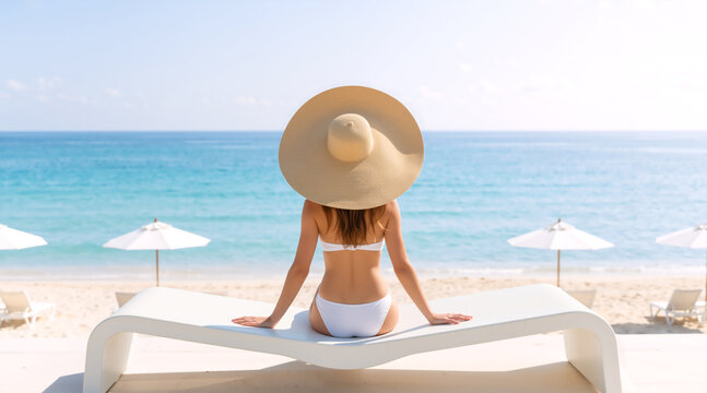 Back view of woman in white bikini and straw hat sitting on lounge chair at tropical beach. Summer holiday and resort relaxation concept