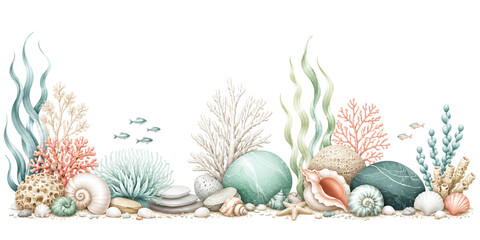 Watercolor Coral Reef Underwater Sea Life Border, Colorful Ocean Seaweeds, Shells, Pearl Clam and Starfish Panoramic Banner Isolated on Transparent Background © Abdur