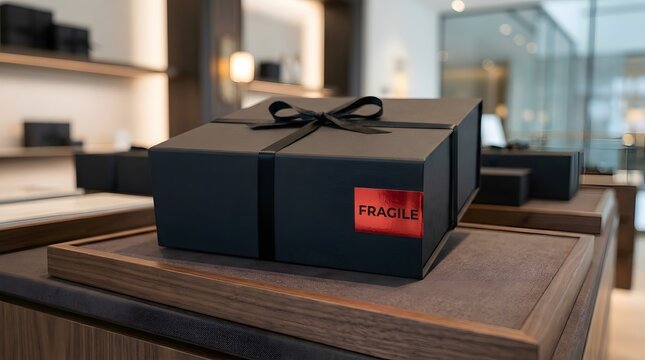 Elegant black gift box with ribbon in luxury store setting