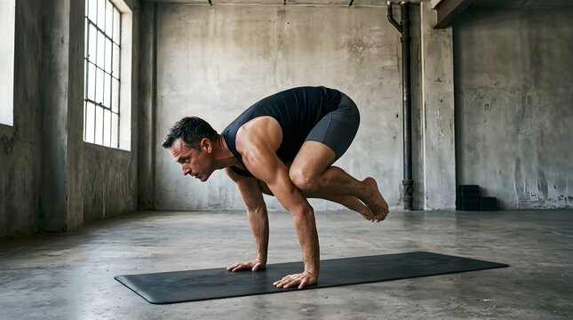 Man practicing yoga in industrial loft space performing crow pose