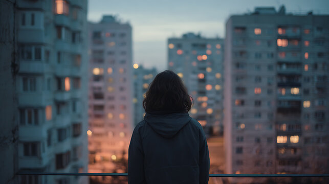 Rear view of a lonely person overlooking apartment buildings at dusk, expressing urban isolation, migration, emotional distance, mental health struggles, uncertainty and adaptation
