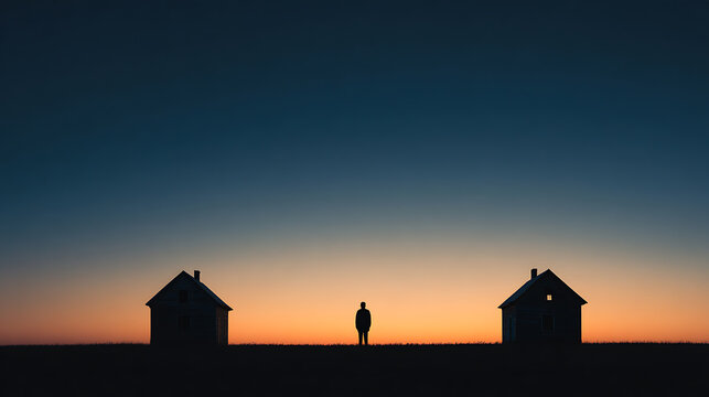 Conceptual image about mental health, migration and relocation, showing a lonely person between two homes at dusk, symbolizing homesickness, identity, emotional transition, uncertainty and resilience
