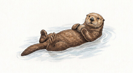 Obraz premium Watercolor illustration of a cute sea otter floating on water and holding a shell, hand-drawn animal vector graphic on a white textured background