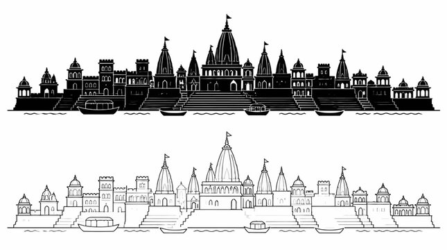 Varanasi Ghats Silhouette and Line Art Illustration