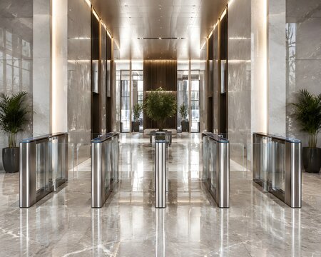 Sleek Glass Full Height Security Gate Turnstile In Corporate Lobby With Polished Marble Floors Interior