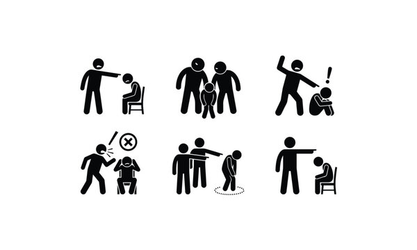 Set of icons representing bullying at school or workplace.