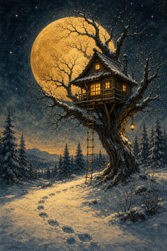 Winter treehouse glowing under a giant moon in the forest