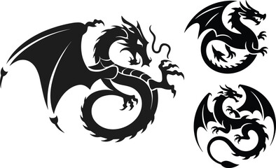 Fototapeta premium Vector illustration set of three black dragon silhouettes in tribal tattoo style isolated on a clean white background