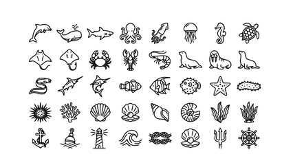 Professional Marine Life Line Icon Collection with Ocean Animals Sea Creatures and Black Vector Symbols © Md