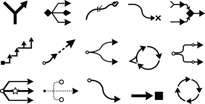 Collection of black arrow icons and connection symbols on a white background