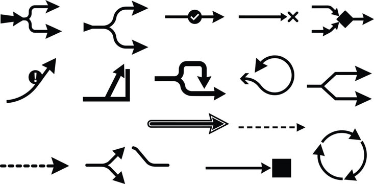 Collection of black arrow icons and flowcharts on a white background for process design