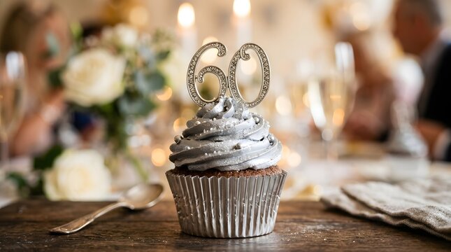 Elegant 60th Birthday Cupcake with Silver Frosting and Candle Decoration